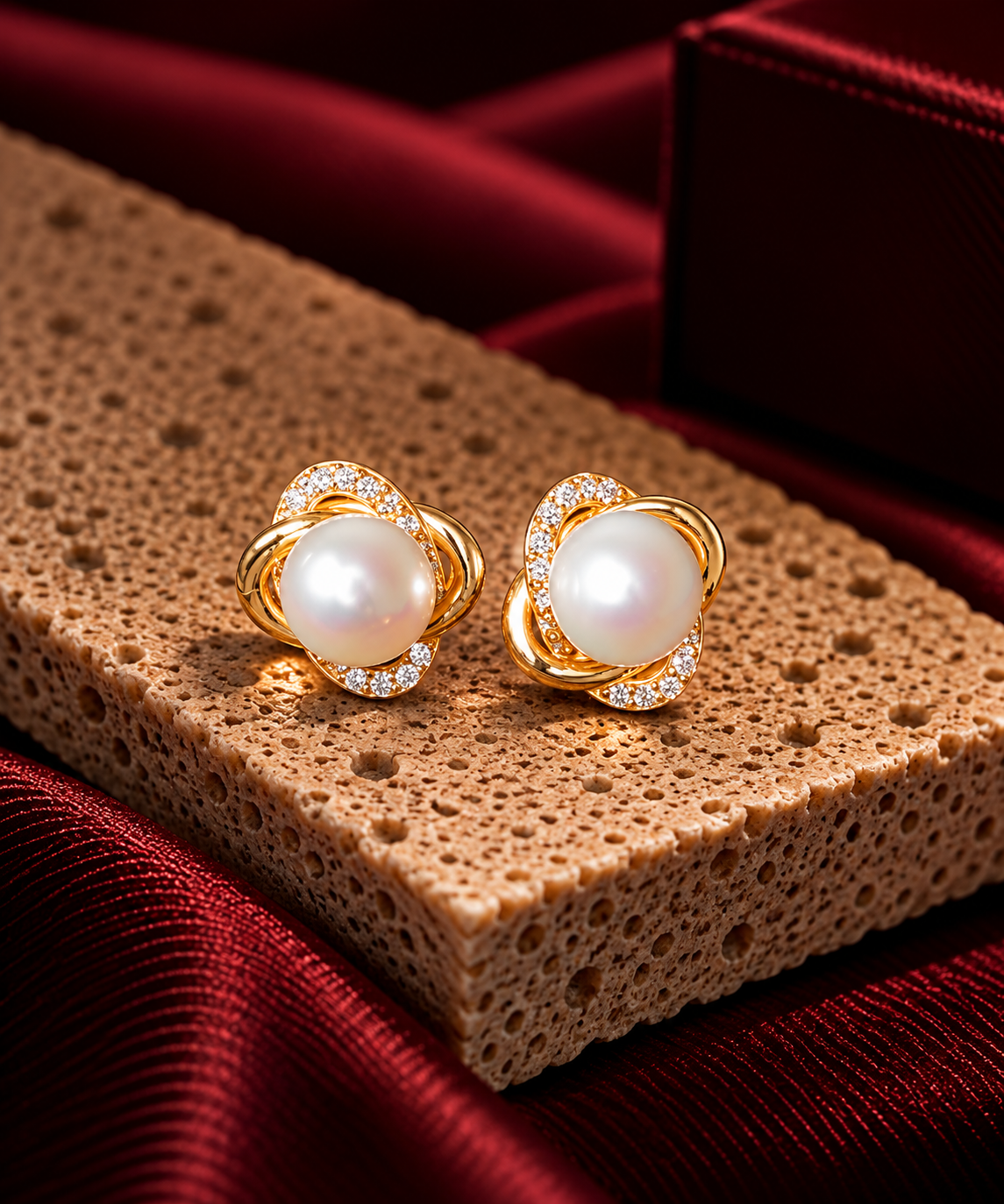 Custom 18K yellow gold earrings with natural diamonds and pearls