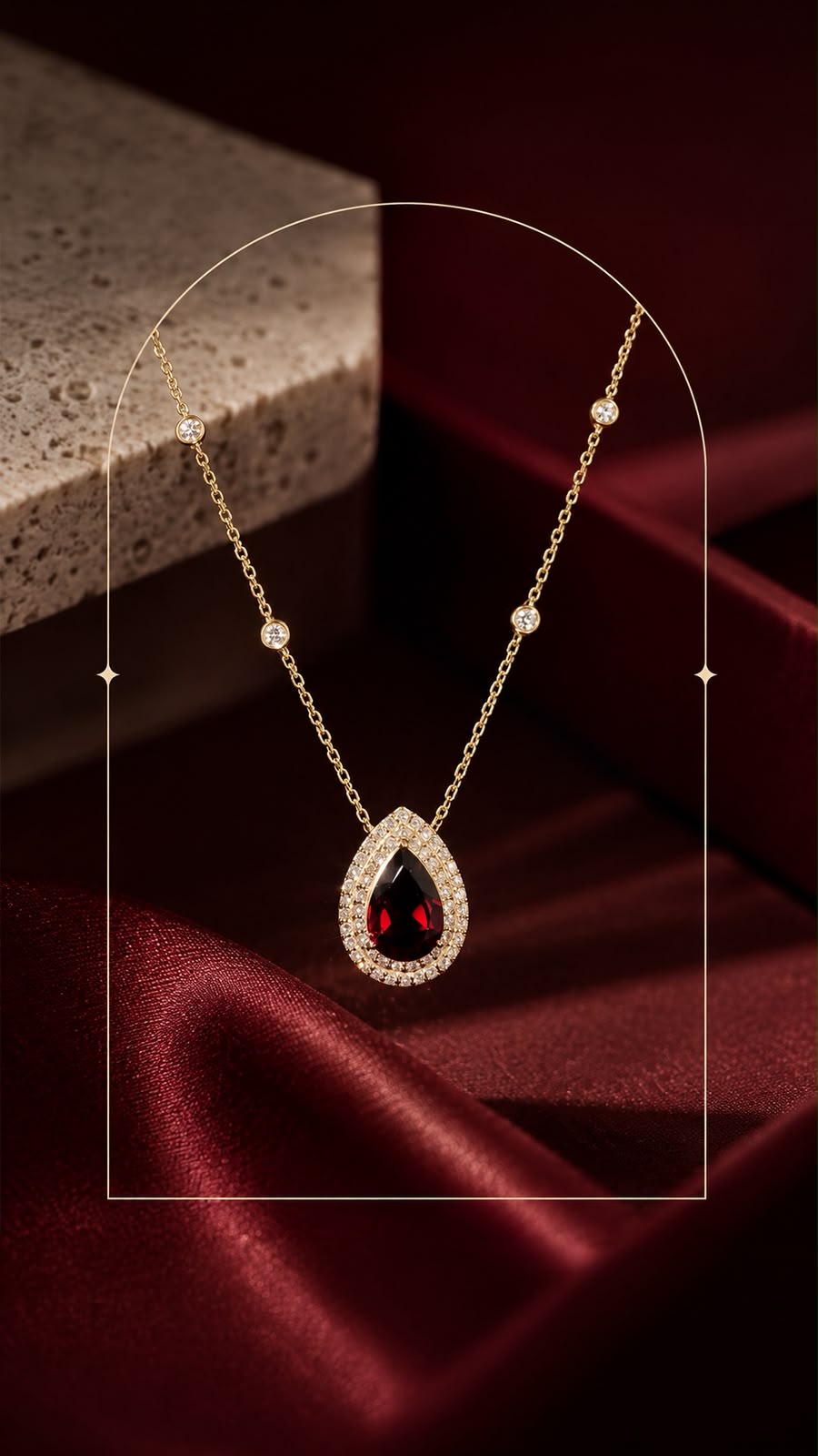 Custom gold necklace with natural diamonds and natural garnet stone